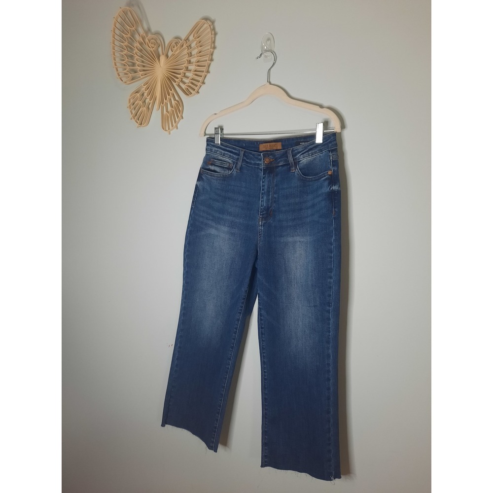 Judy Blue High Waisted Wide Crop Jeans Medium Wash Raw Hem Size 9/29